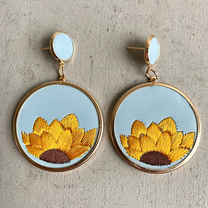 Leather Embroidered Sunflower Earrings with High-Quality Bohemian Design