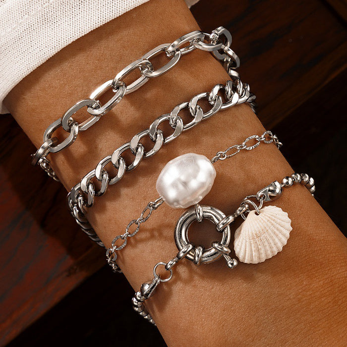 Shell Alloy Bracelet Set - Letter Pearl Geometric Multi-Layer Bracelets