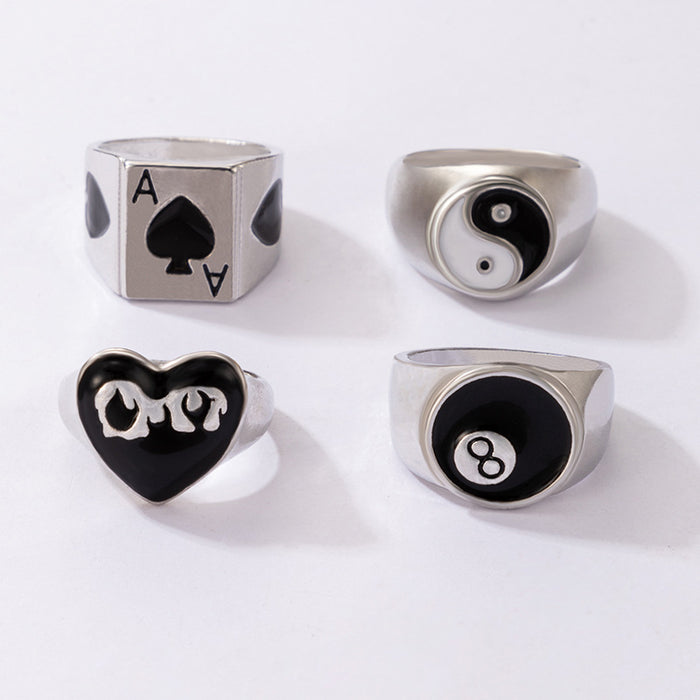 Juego de anillos de Tai Chi en blanco y negro con forma de corazón y gotas de aceite