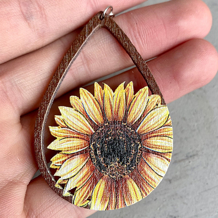 Wooden droplet sunflower earrings