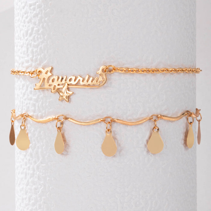 Double-Layer Letter and Star Anklet with Alloy Waterdrop Disc Design