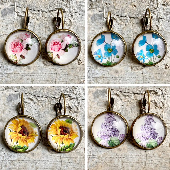 Vintage Bronze Floral Earrings with Sunflower and Lavender Designs