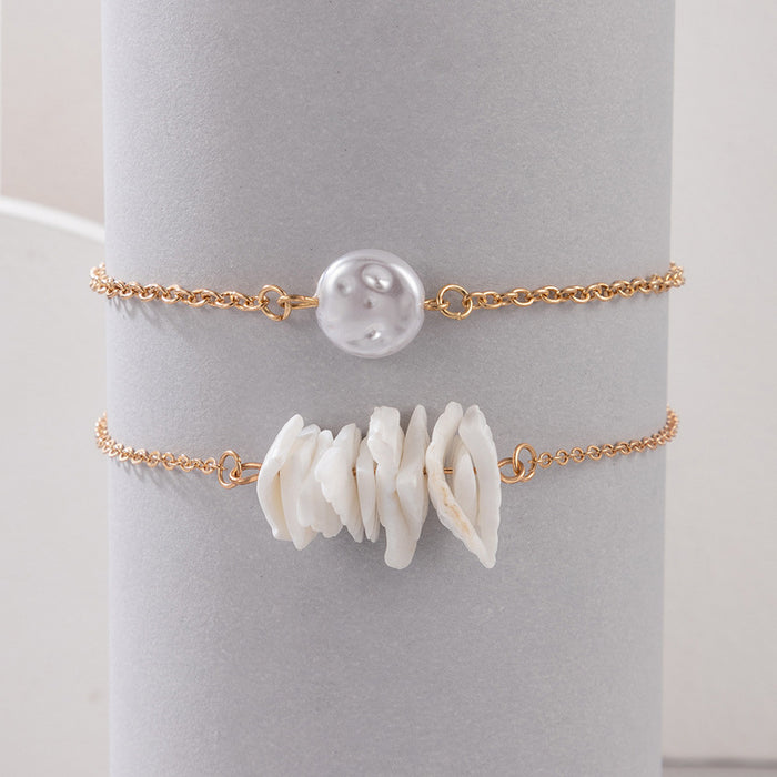 Crystal-Studded Pebble Multi-Layer Anklet with Geometric Design