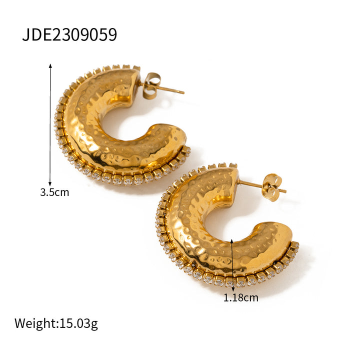 Titanium Steel 18K Gold Plated Hammered Zircon C-Shaped Earrings - High-End Design Earrings for Women