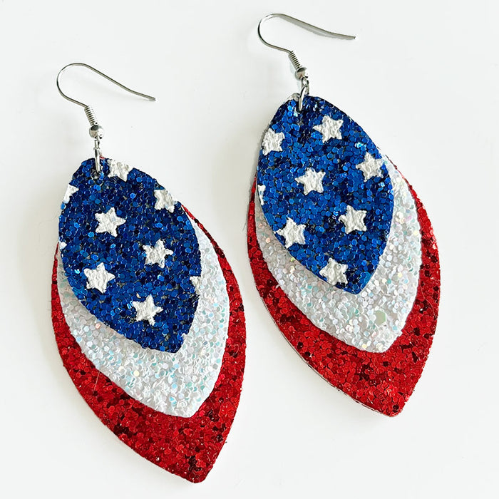 Independence Day Feather Leather Earrings with American Flag and Metal Mesh Design