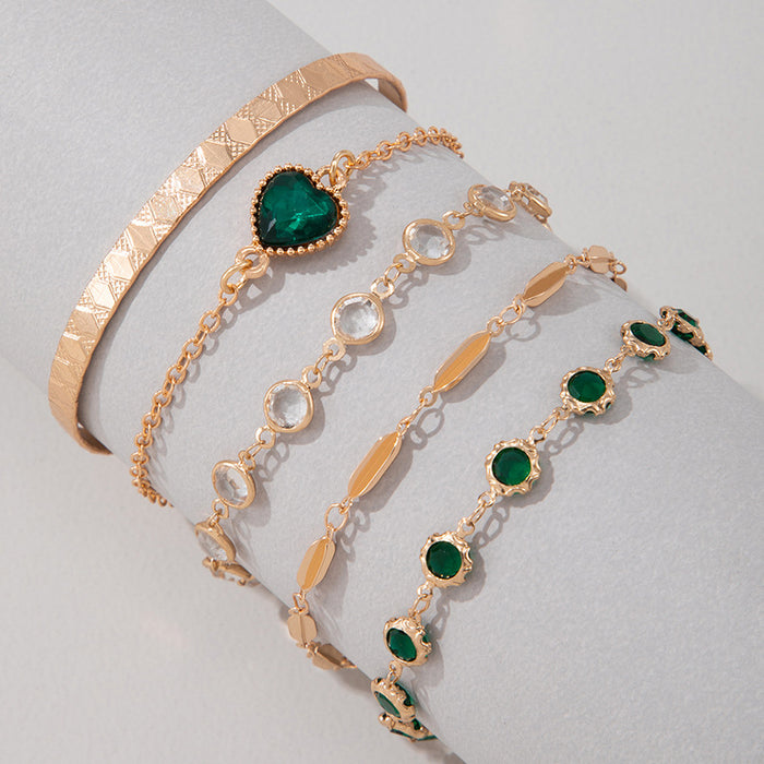 Conjunto de pulseras con corazón de diamantes de imitación verdes: cinco piezas de joyería retro para mujer