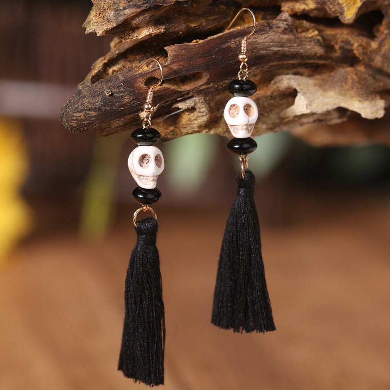 Halloween Skull and Pumpkin Tassel Clay Earrings - Bold and Original Design