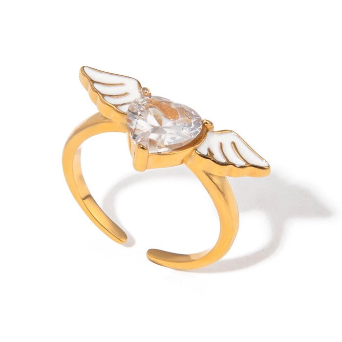 Anillo abierto de acero inoxidable con forma de corazón y alas de ángel y circonitas en oro de 18 quilates (nuevo diseño)