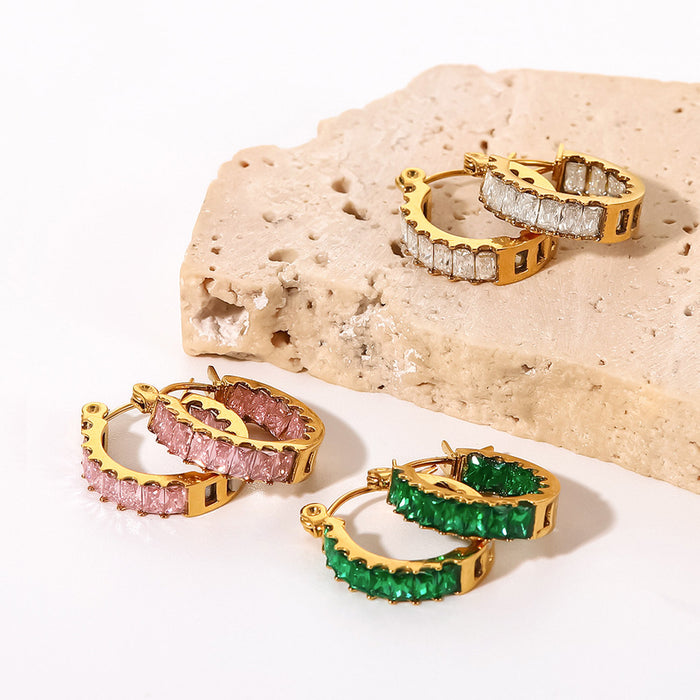 Cross-Border Emerald Titanium Steel Hoop Earrings - Vintage High-End Jewelry for Women - wallojewerly 