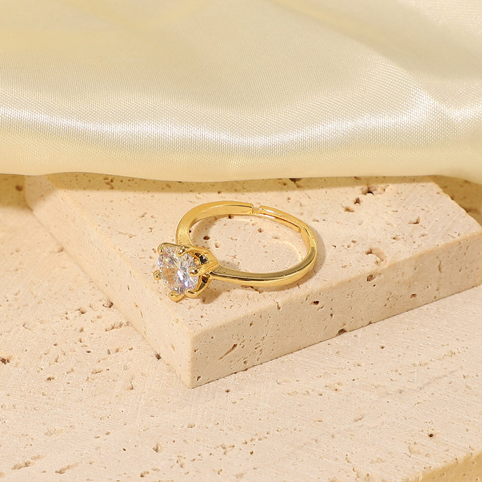 18K Gold Plated Copper Ring with White Round Zircon - Elegant Six-Prong Setting