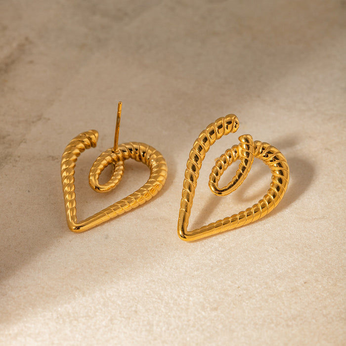 18K Gold Stainless Steel Ribbed Heart Earrings - Fashionable Titanium Steel Studs