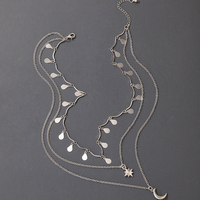 Metal Water Drop Star Moon Three-Layer Necklace with Exaggerated Multi-Layer Clavicle Chain