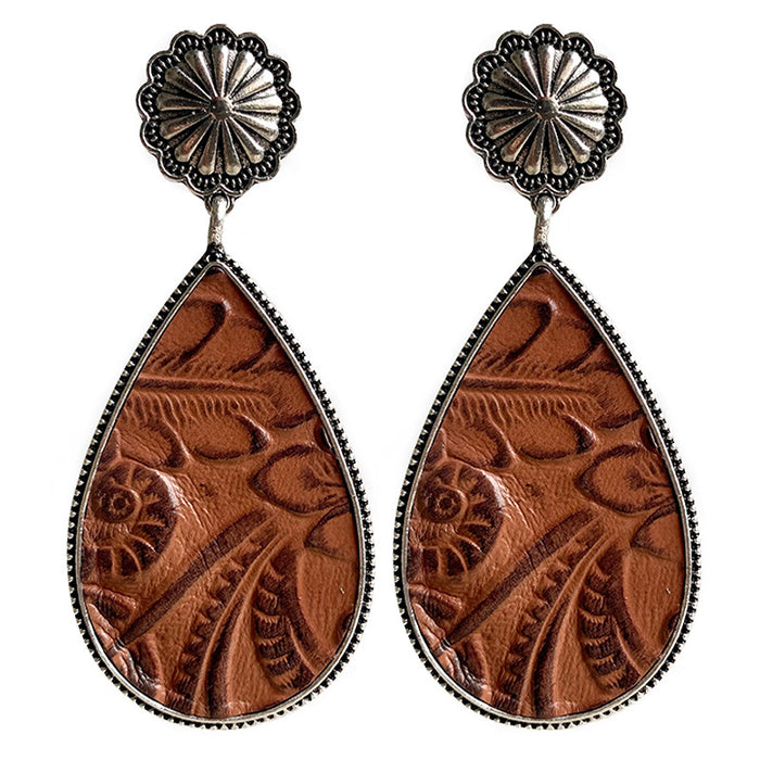 Western Embossed Leather Earrings with Bohemian Floral and Pumpkin Flower Design