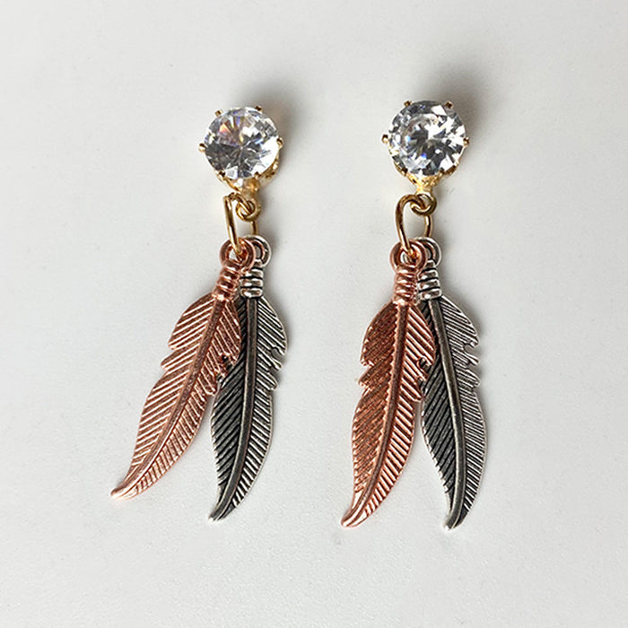 Western Vintage Feather Earrings with Zircon Long Pendant Design