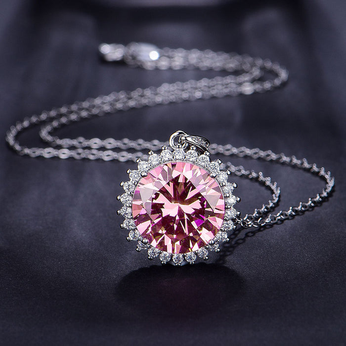 Micro-inlaid pink diamond pendant platinum necklace cross-border