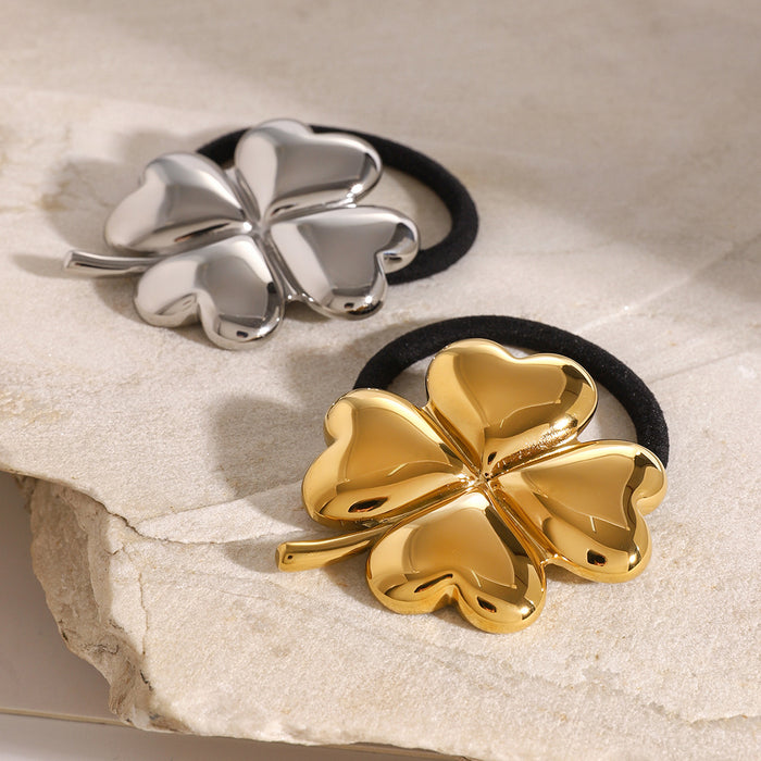 Stainless Steel Four-Leaf Clover Hair Tie - High-End Metal Elastic Band for Ponytails