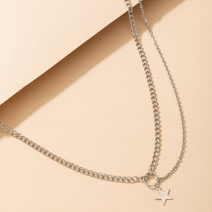 Silver Chain Tassel Round Ring Star Pendant Single Layer Necklace with Ins Trend Design