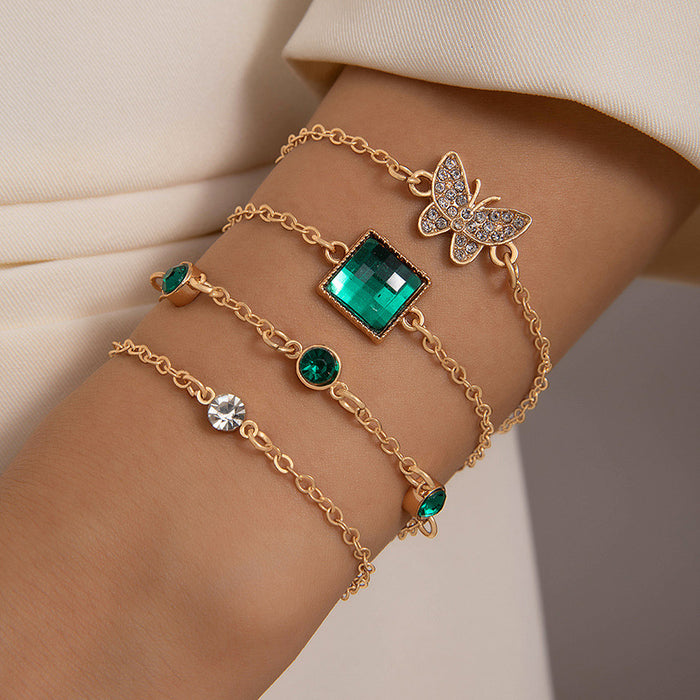 Vintage Emerald Butterfly Gemstone Open Bangle Bracelet Set - Retro French Fashion