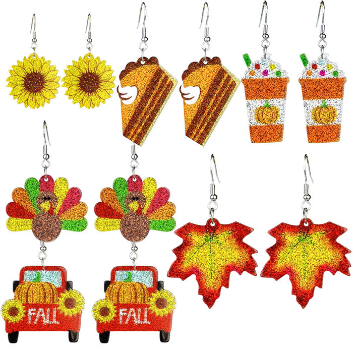 Thanksgiving Earrings with Turkey, Pumpkin Pie, and Maple Leaf Designs