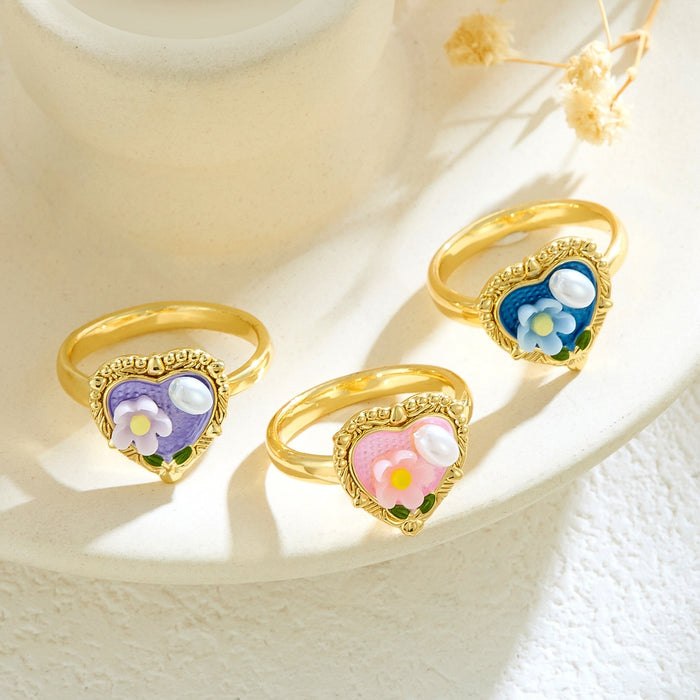 Wholesale copper micro-inlaid enamel painted flower heart-shaped open ring