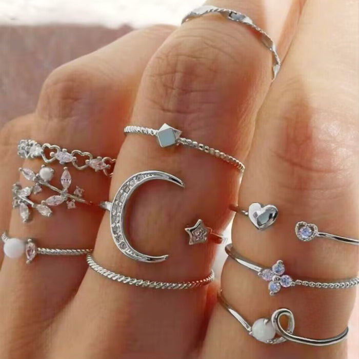 Nuevo conjunto de anillos de diamantes con forma de estrella y luna: anillos creativos con forma de corazón y flor en forma de gota de agua, colección de 10 piezas