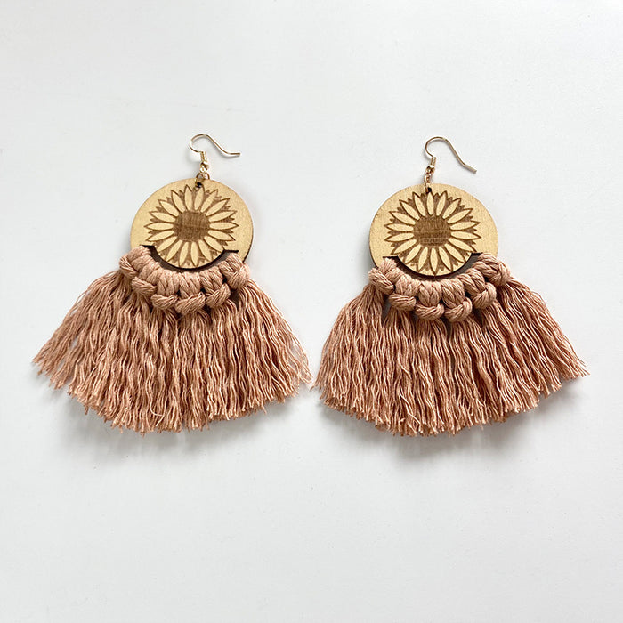 Wooden Sunflower Tassel Earrings with Ethnic Style