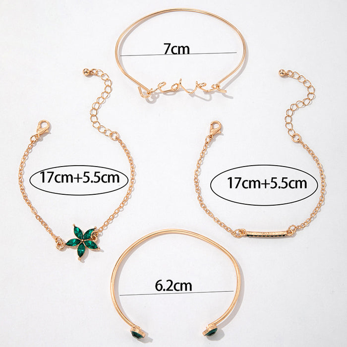 Conjunto de pulseras de diamantes de imitación con flores verdes: joyería multicapa de cuatro piezas para mujer