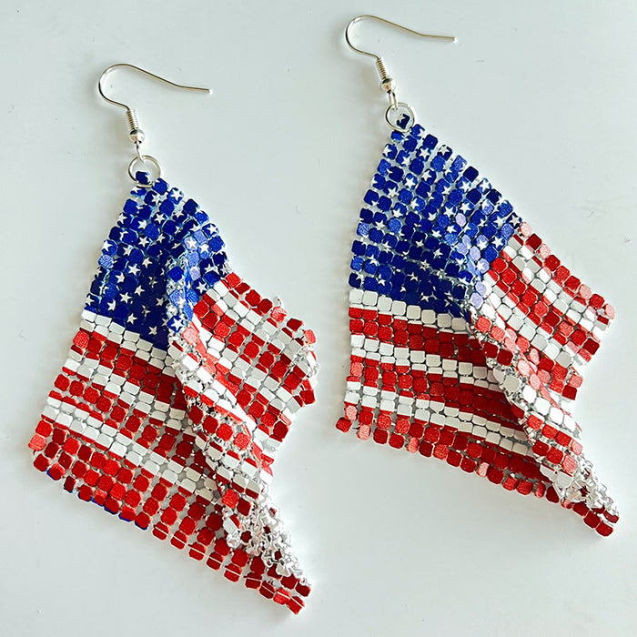 Independence Day Feather Leather Earrings with American Flag and Metal Mesh Design