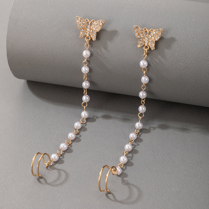 Exaggerated style butterfly diamond U-shaped pearl ear clip combination earrings