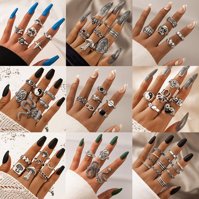 Black Geometric Mushroom Alphabet 6-Piece Ring Set