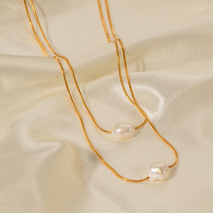 18K Gold-Plated Stainless Steel Pearl Necklace - Trendy Design with Freshwater Pearls and Non-Fading Chain