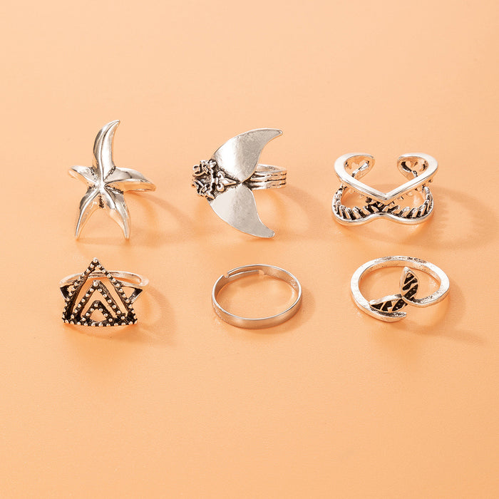 Ocean style starfish fishtail octopus multi-piece ring, geometric animal ring six-piece set