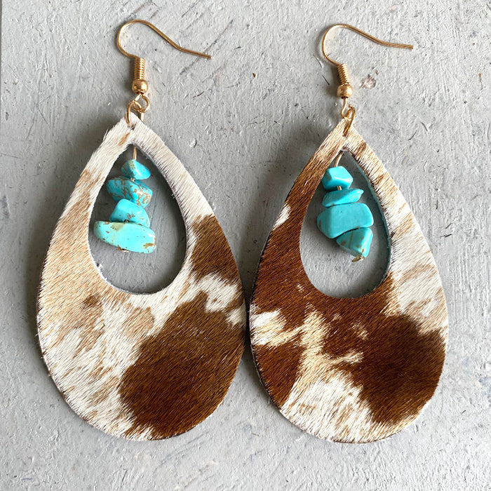 Bohemian Leopard Print Leather Earrings with Turquoise and Ethnic Style