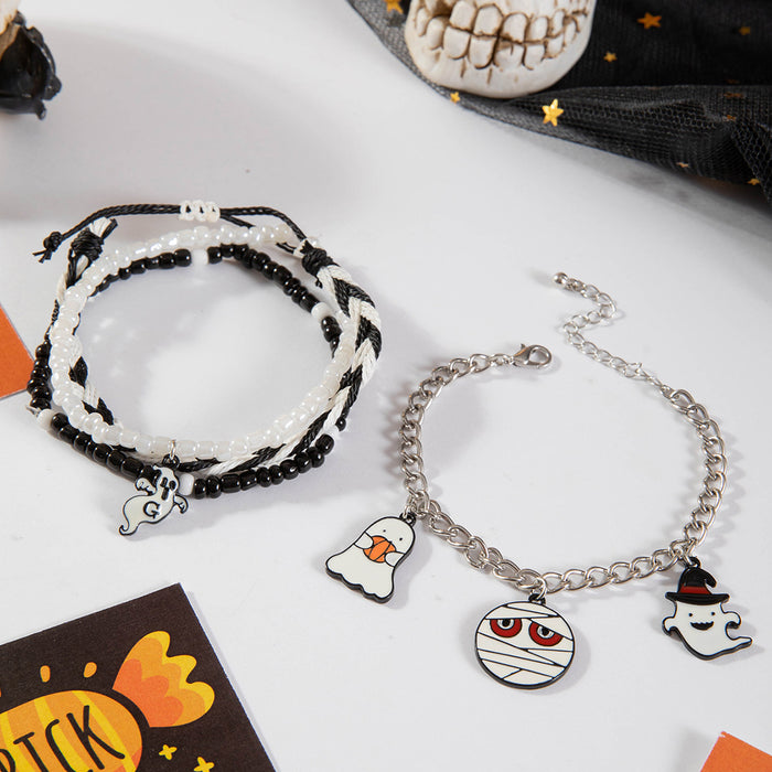 Halloween Devil and Ghost Beaded Bracelet Set - Four-Piece Beaded Jewelry with Enamel Accents