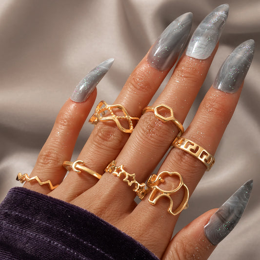 Bohemian Elephant Star Moon Ring 7-piece Set