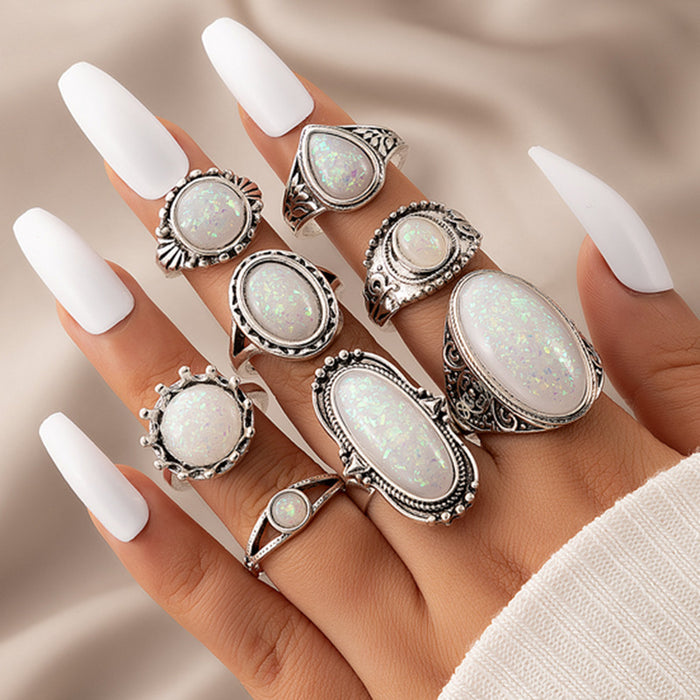 French retro exaggerated oval diamond protein alloy eight-piece ring set