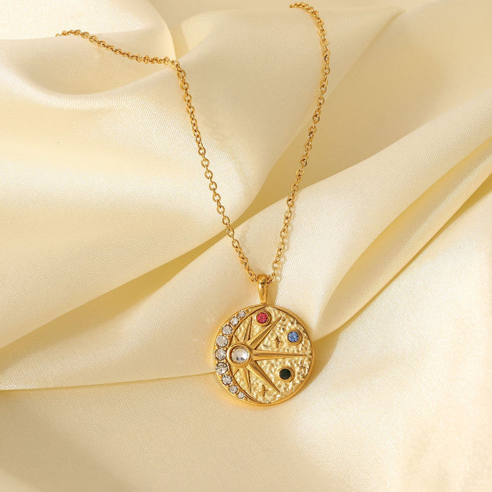 18K Gold-Plated Stainless Steel Sun and Moon Pendant Necklace - Hammered Disc with Colorful Zircon Inlay