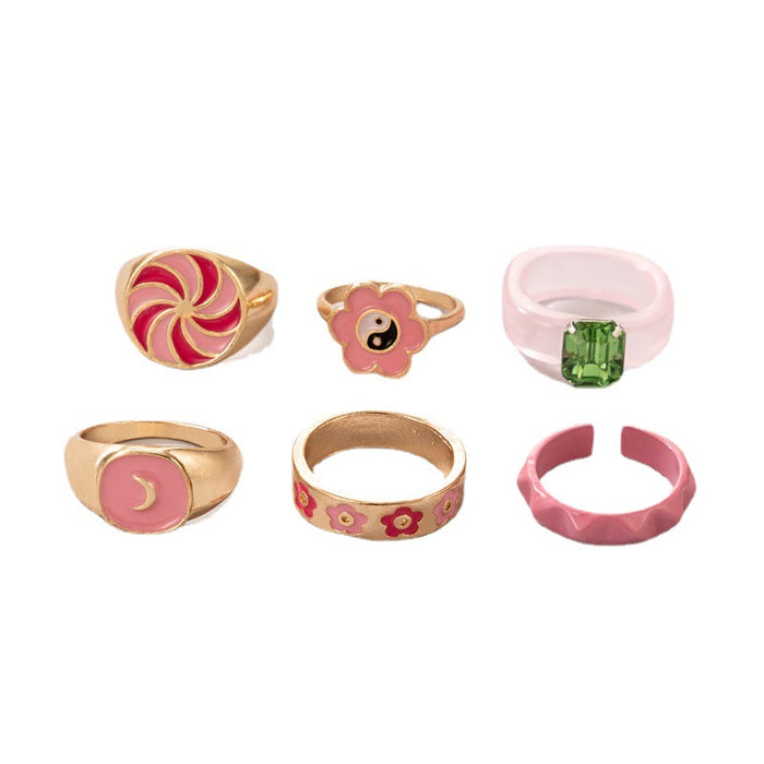 Macaron Acrylic Flower Colorblock 6-Piece Ring Set