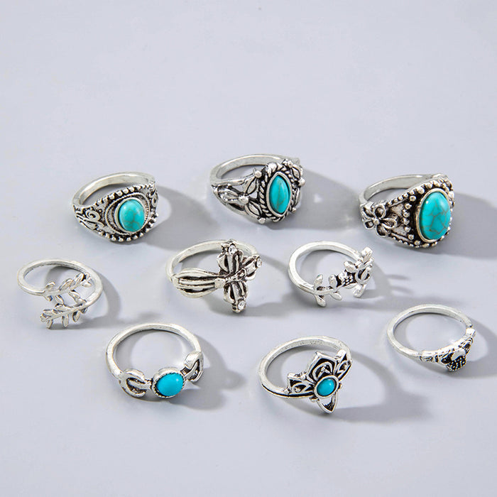 Bohemian Turquoise Exaggerated Ring Set - 9pcs Vintage Leaf Eye Rings