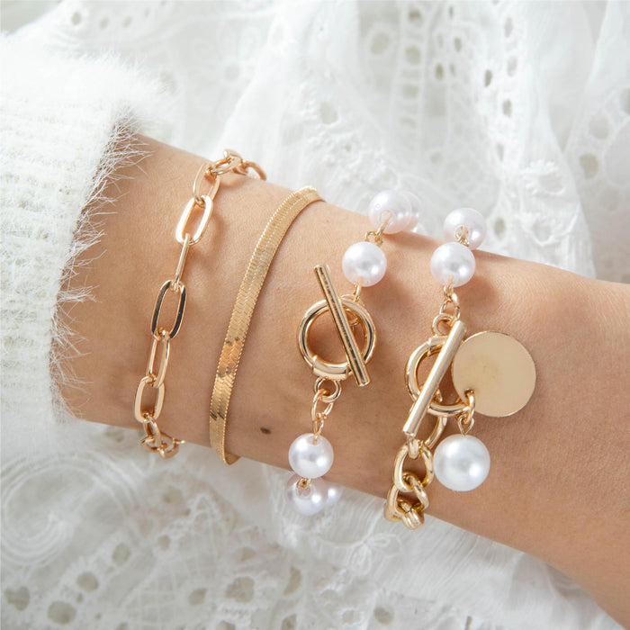 Pearl Cuff Bracelet Set with Arrow, Key, and Lock Charms - Four-Piece Jewelry Set