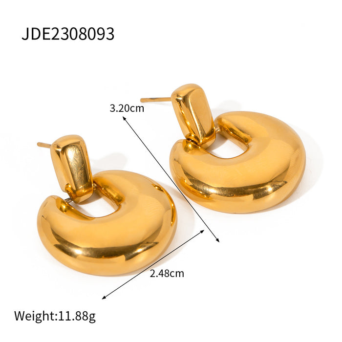 18K Gold Plated Stainless Steel Round Pendant Earrings - Simple and Elegant Retro Design