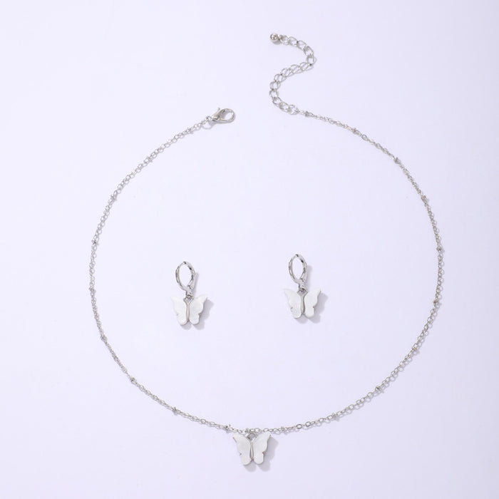 White Butterfly Pendant Necklace and Earring Set - Simple Acrylic Japanese Style