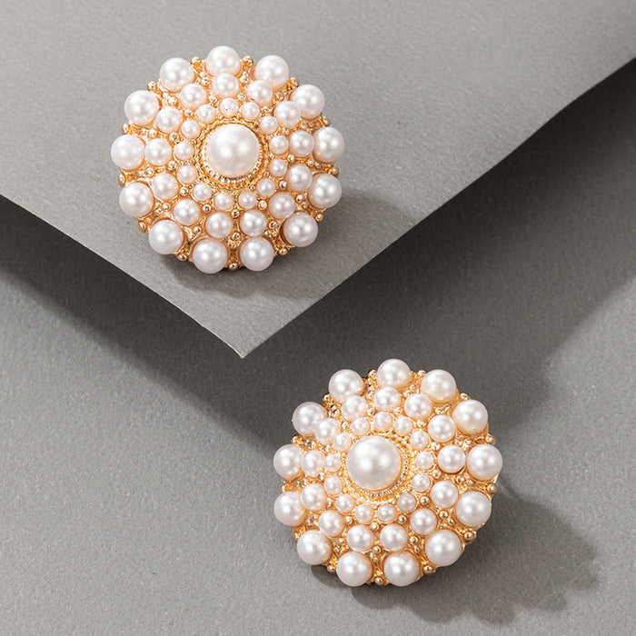 Baroque pearl round flower alloy earrings