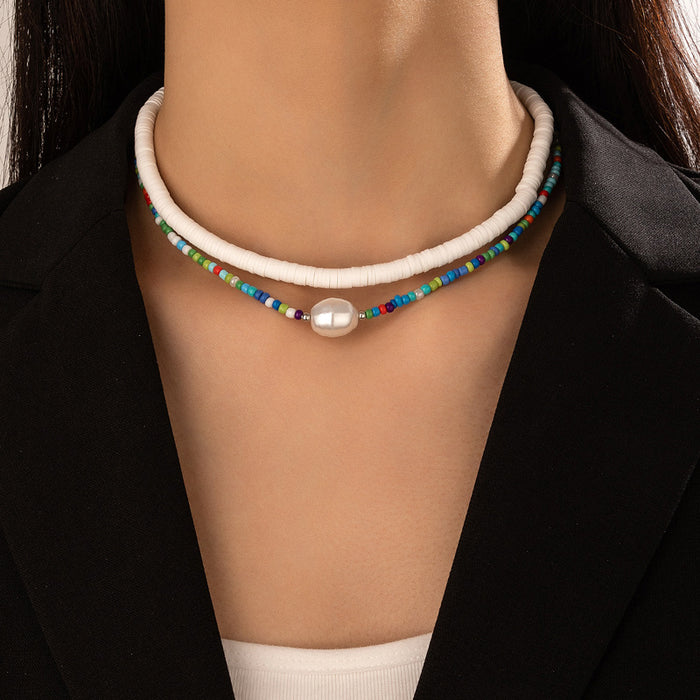 Ethnic Beaded Double-Layer Necklace - Colorful Bead Pearl Multilayer Choker