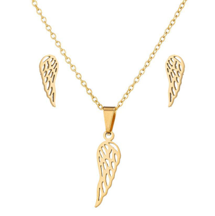 Angel Wings Feather Pendant Necklace Earrings Two-piece Set, Stainless Steel Simple Jewelry Wholesale