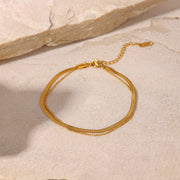 French Style Titanium Steel Anklet - 18K Gold Polished Blade Chain and Snake Chain Double Layer Anklet - wallojewerly 