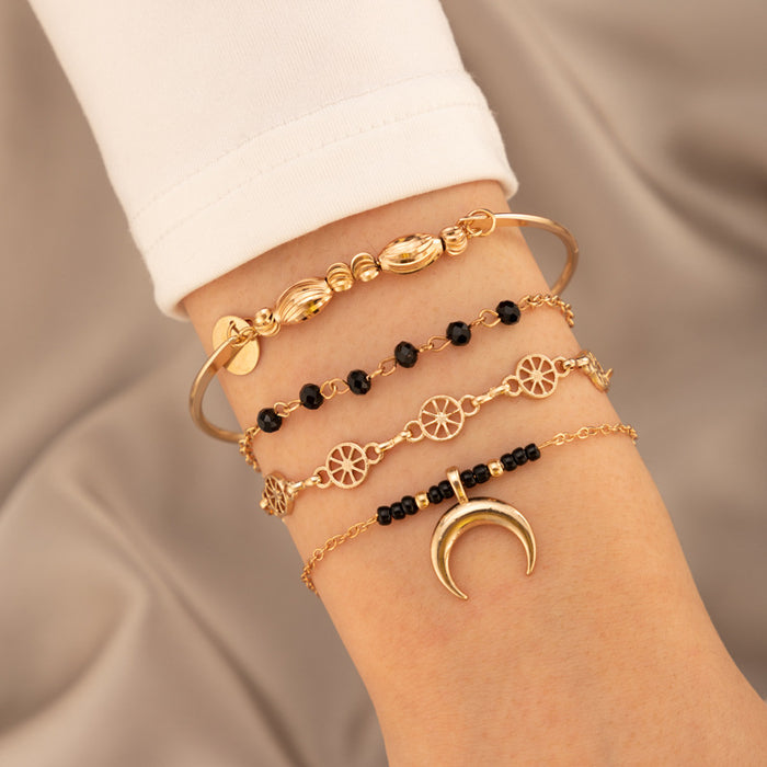 Conjunto de pulseras de cuentas negras y luna de estilo minimalista