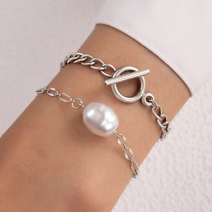 New Simple Round Bead Heart Layered Bracelet Set - Ins Cold-Tone Heart Lock Pearl Jewelry