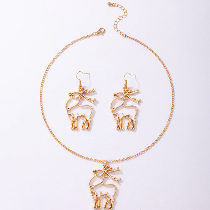 Christmas Tree Hollow Gold Jewelry Set with Reindeer Earrings and Necklace