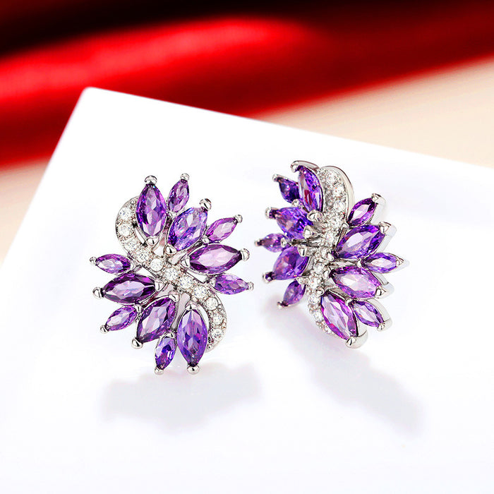 Pendientes de circonita con diseño floral morado y temperamento retro